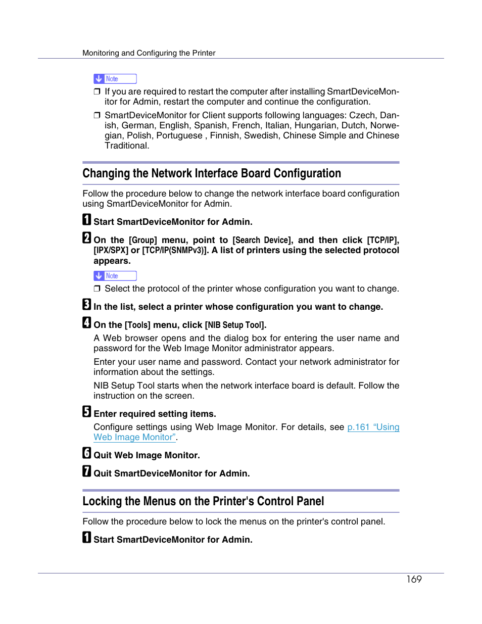 Changing the network interface board configuration, Locking the menus on the printer's control panel | Lanier LP222cn User Manual | Page 288 / 536