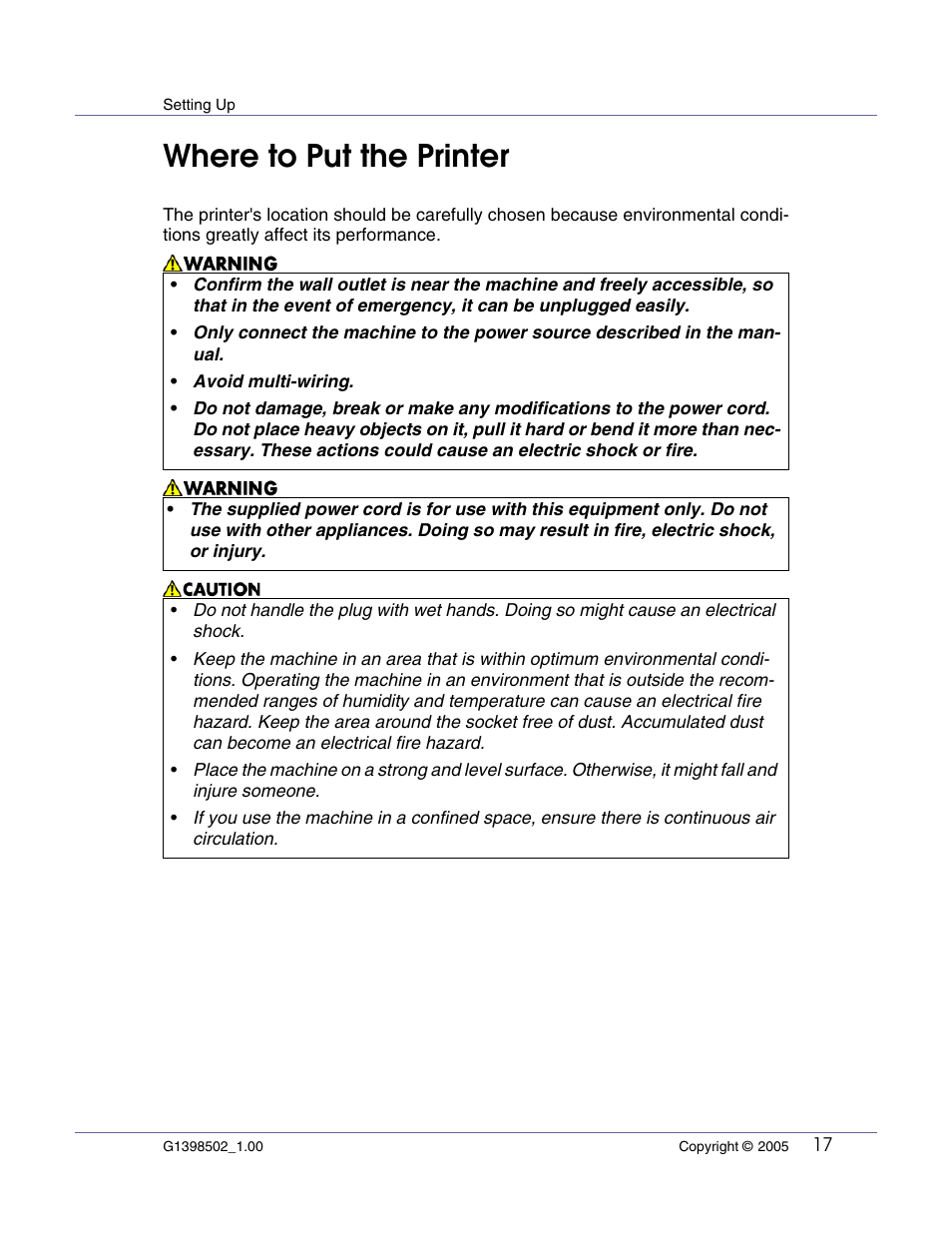 Setting up, Where to put the printer | Lanier LP222cn User Manual | Page 29 / 536