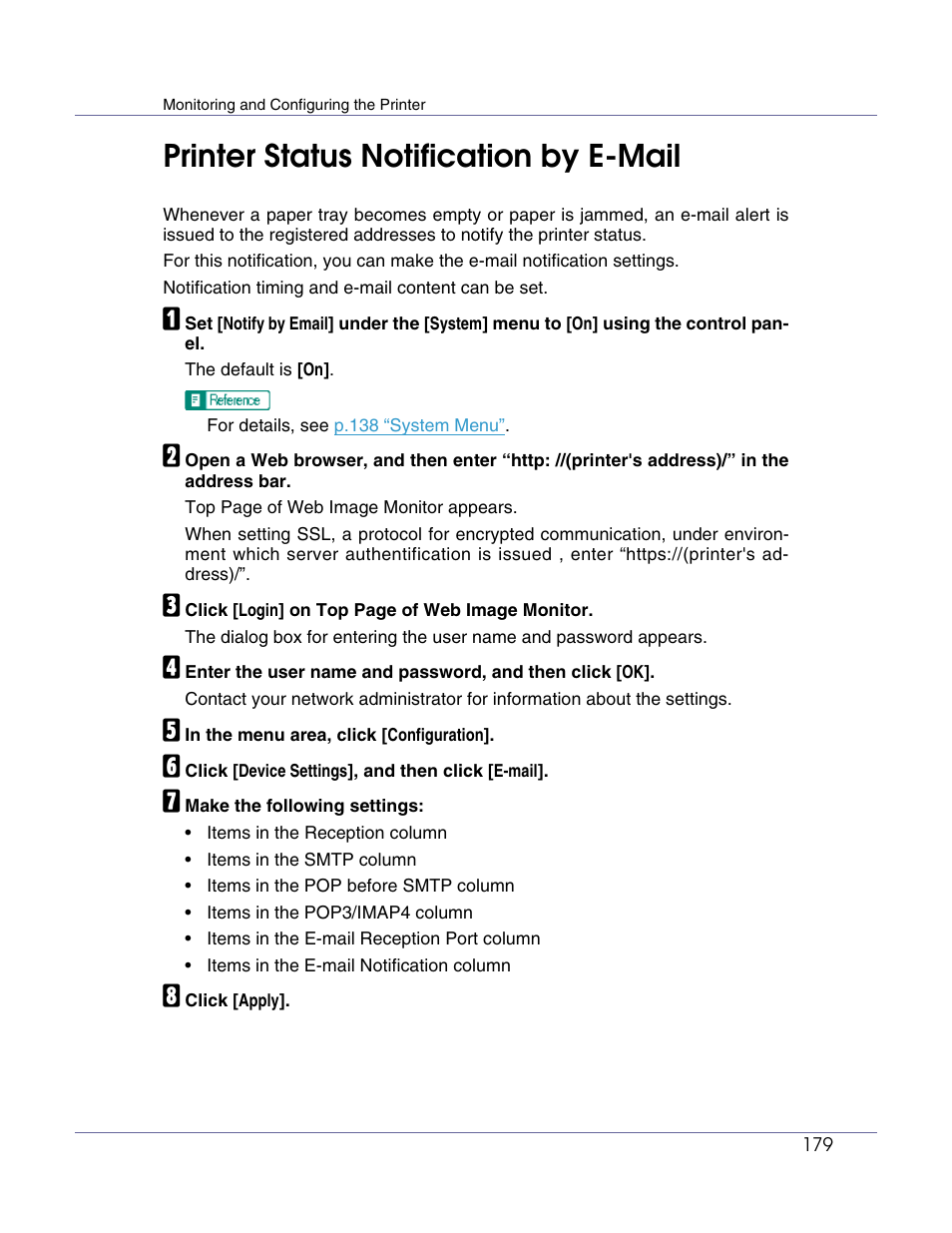 Printer status notification by e-mail | Lanier LP222cn User Manual | Page 298 / 536