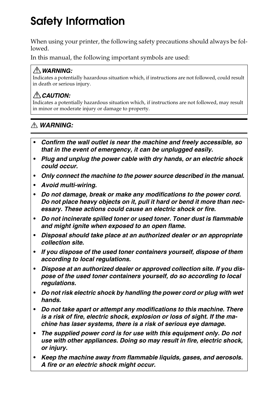 Safety information, Warning | Lanier LP222cn User Manual | Page 3 / 536