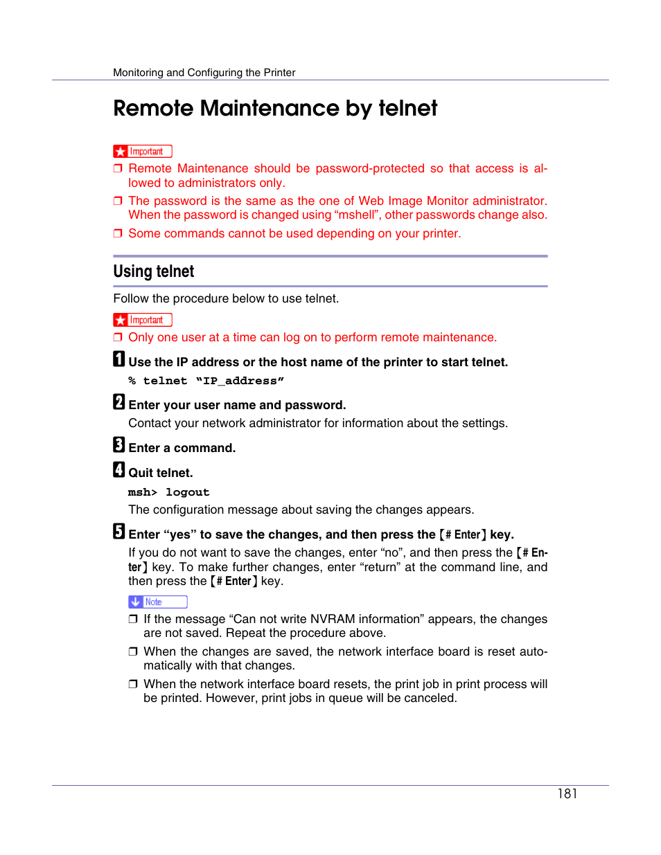 Remote maintenance by telnet, Using telnet | Lanier LP222cn User Manual | Page 300 / 536