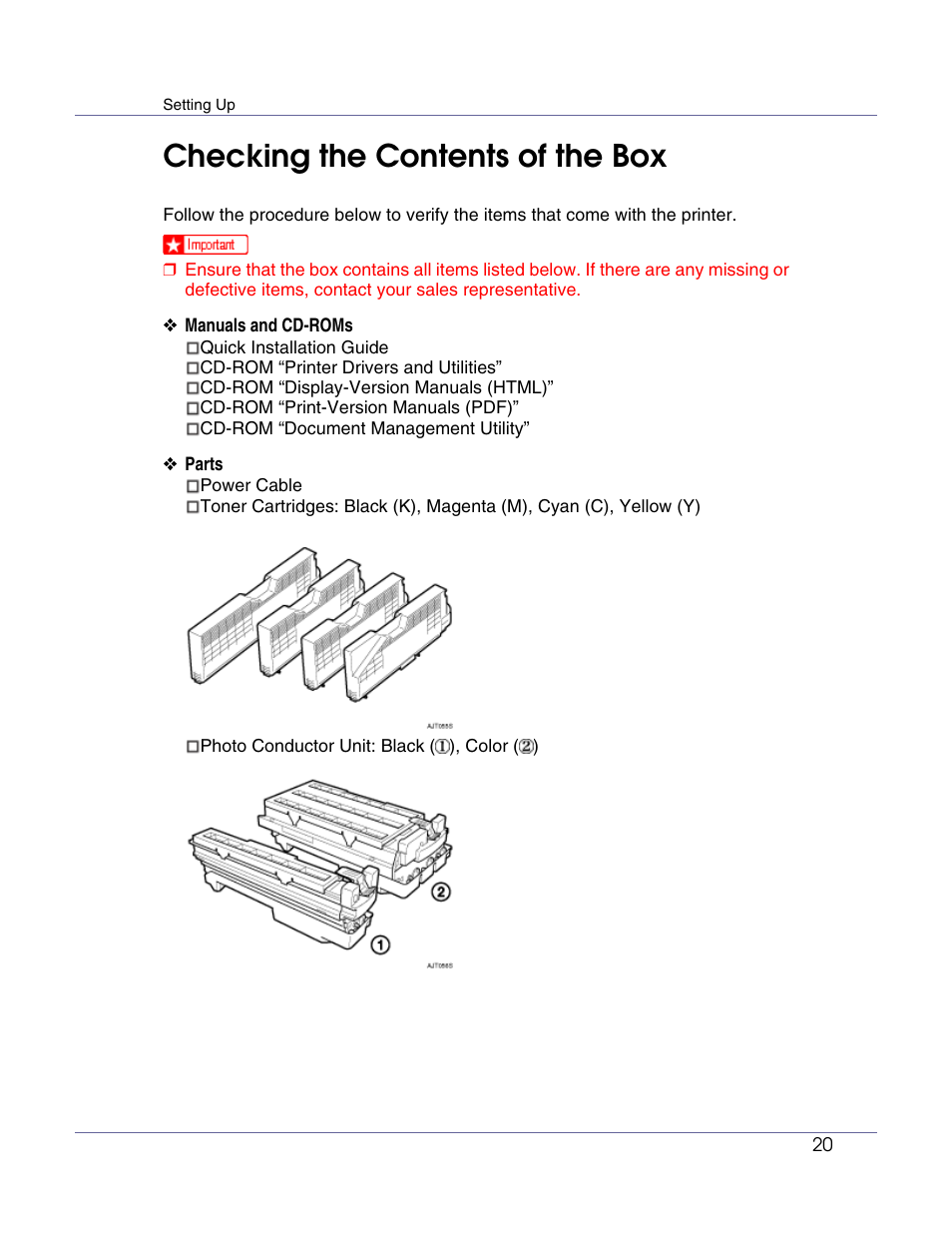 Checking the contents of the box | Lanier LP222cn User Manual | Page 32 / 536