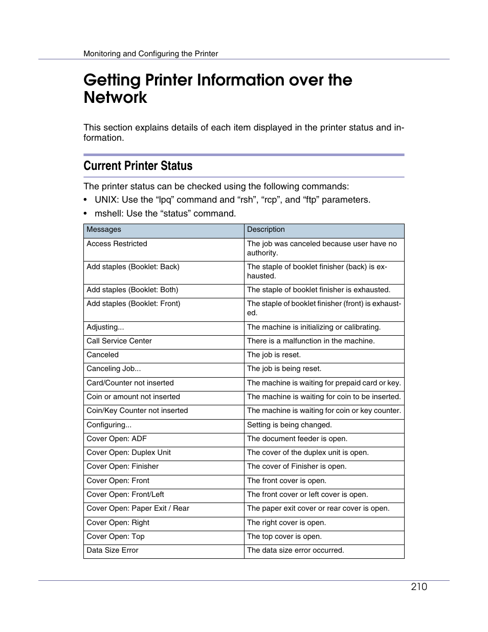 Getting printer information over the network, Current printer status | Lanier LP222cn User Manual | Page 329 / 536