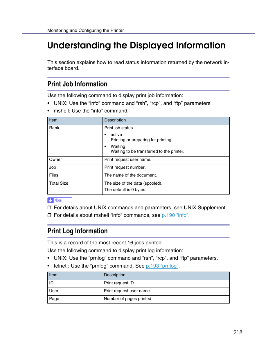 Understanding the displayed information, Print job information, Print log information | Lanier LP222cn User Manual | Page 337 / 536