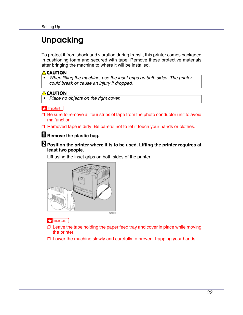 Unpacking | Lanier LP222cn User Manual | Page 34 / 536