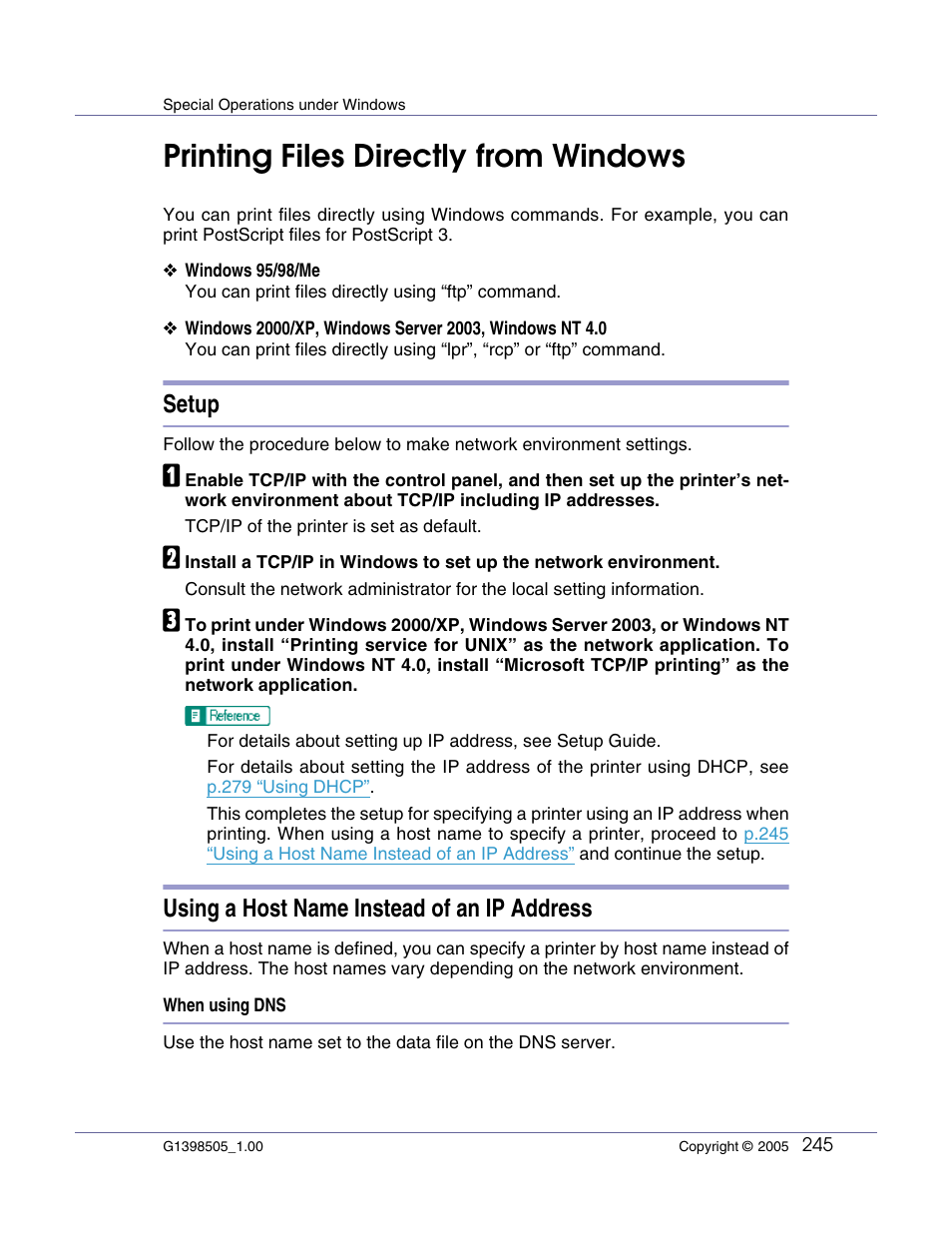 Special operations under windows, Printing files directly from windows, Setup | Using a host name instead of an ip address | Lanier LP222cn User Manual | Page 364 / 536