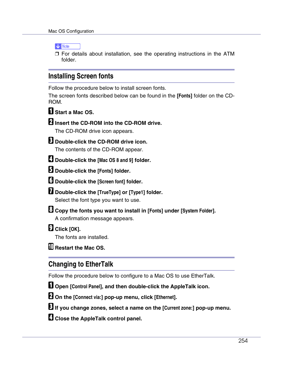 Installing screen fonts, Changing to ethertalk | Lanier LP222cn User Manual | Page 373 / 536