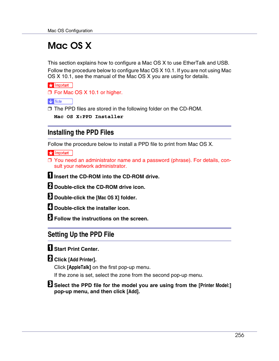 Mac os x, Installing the ppd files, Setting up the ppd file | Lanier LP222cn User Manual | Page 375 / 536