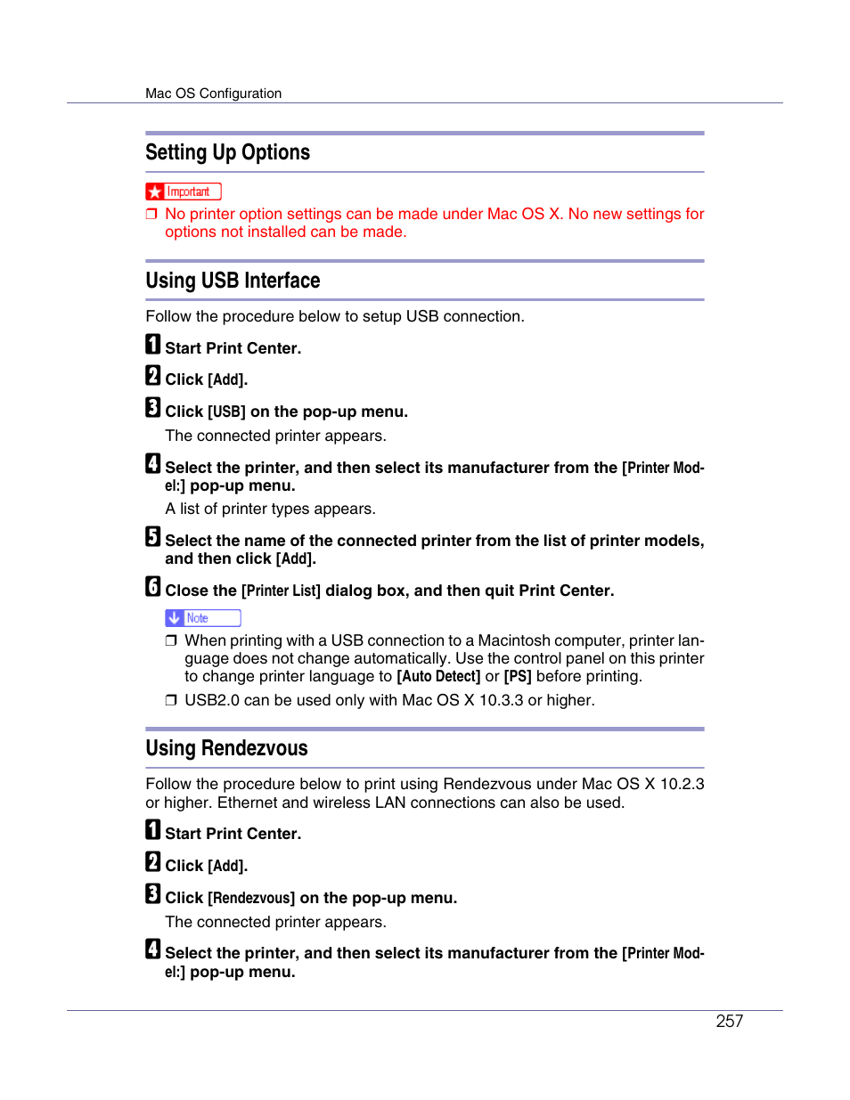 Setting up options, Using usb interface, Using rendezvous | Lanier LP222cn User Manual | Page 376 / 536