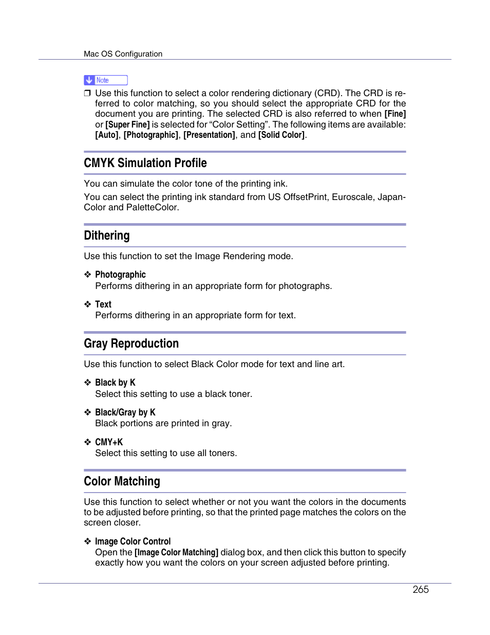 Cmyk simulation profile, Dithering, Gray reproduction | Color matching | Lanier LP222cn User Manual | Page 384 / 536