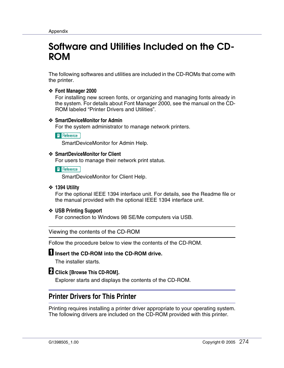 Appendix, Software and utilities included on the cd-rom, Printer drivers for this printer | Software and utilities included on the cd- rom | Lanier LP222cn User Manual | Page 393 / 536