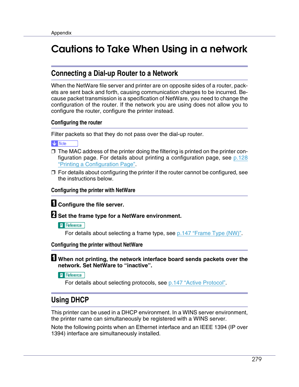 Cautions to take when using in a network, Connecting a dial-up router to a network, Using dhcp | Lanier LP222cn User Manual | Page 398 / 536