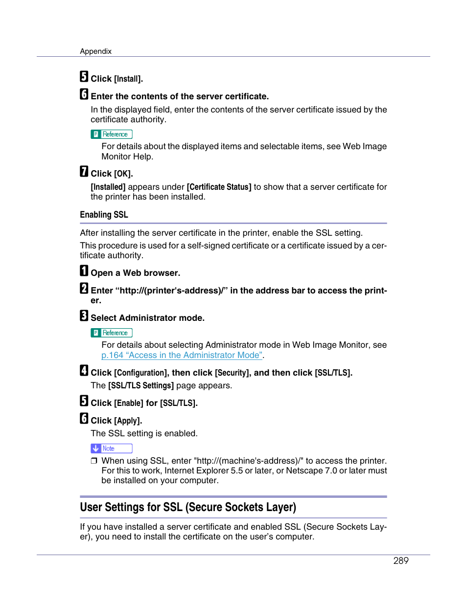 User settings for ssl (secure sockets layer) | Lanier LP222cn User Manual | Page 408 / 536