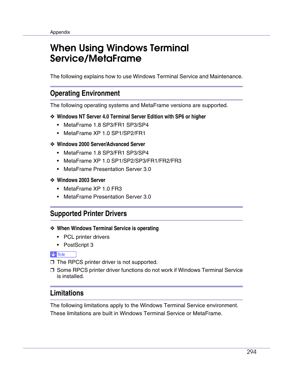 When using windows terminal service/ metaframe, Operating environment, Supported printer drivers | Limitations, When using windows terminal service/metaframe | Lanier LP222cn User Manual | Page 413 / 536