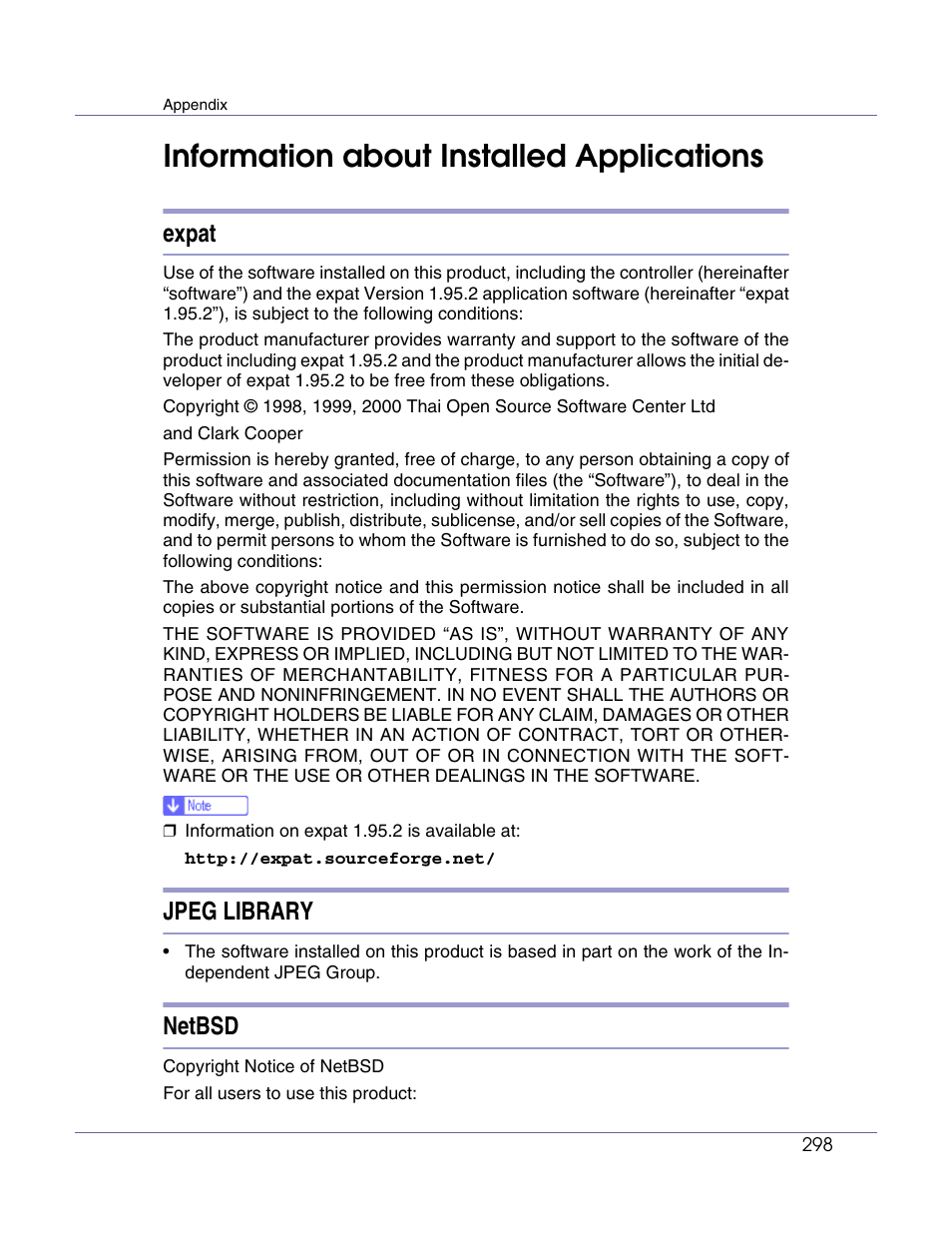 Information about installed applications, Expat, Jpeg library | Netbsd | Lanier LP222cn User Manual | Page 417 / 536