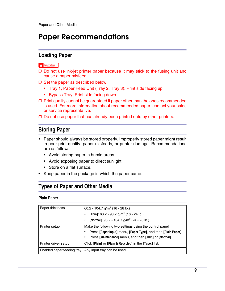 Paper recommendations, Loading paper, Storing paper | Types of paper and other media | Lanier LP222cn User Manual | Page 429 / 536