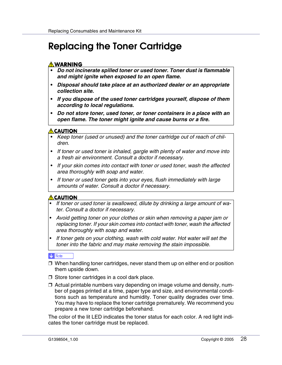 Replacing consumables and maintenance kit, Replacing the toner cartridge | Lanier LP222cn User Manual | Page 448 / 536