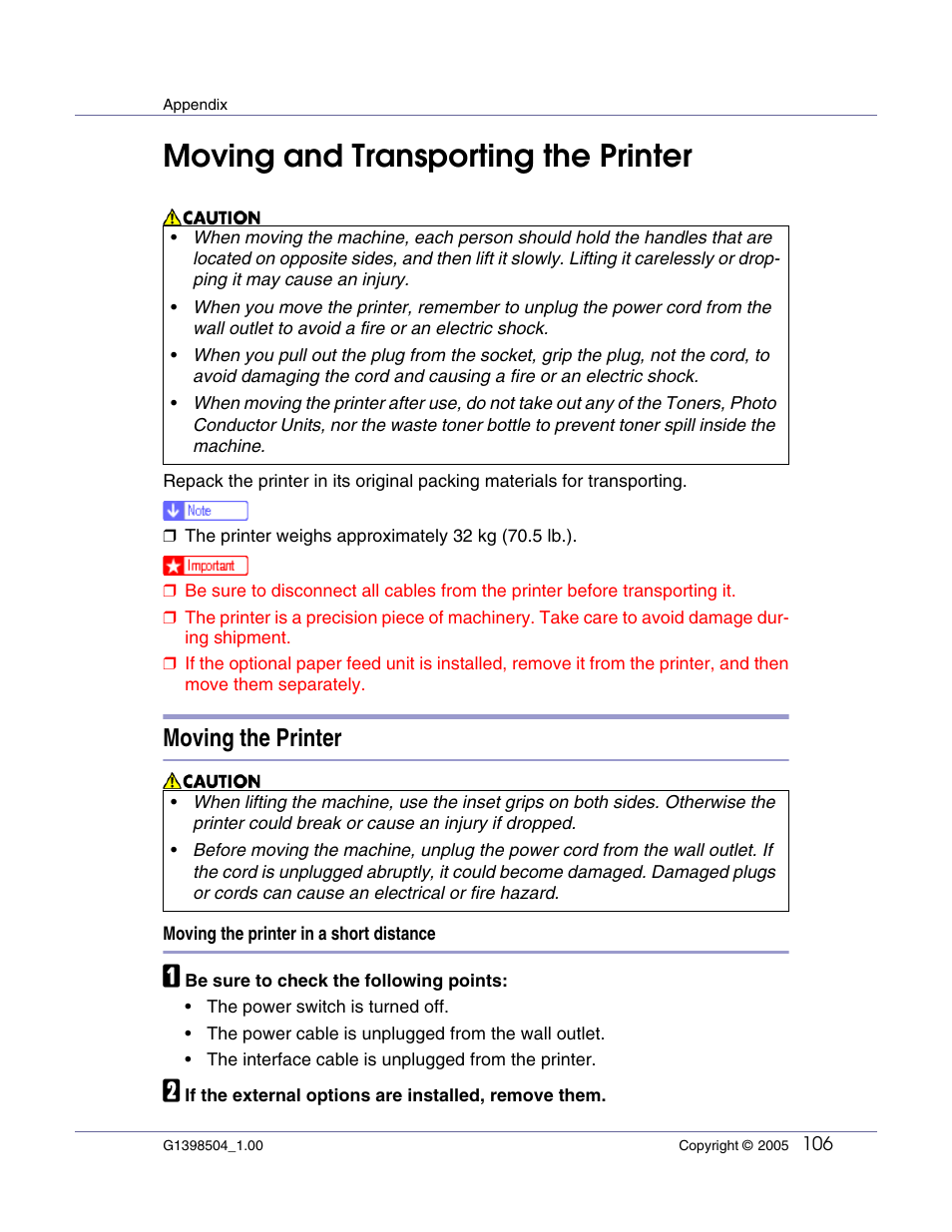 Appendix, Moving and transporting the printer, Moving the printer | Lanier LP222cn User Manual | Page 526 / 536