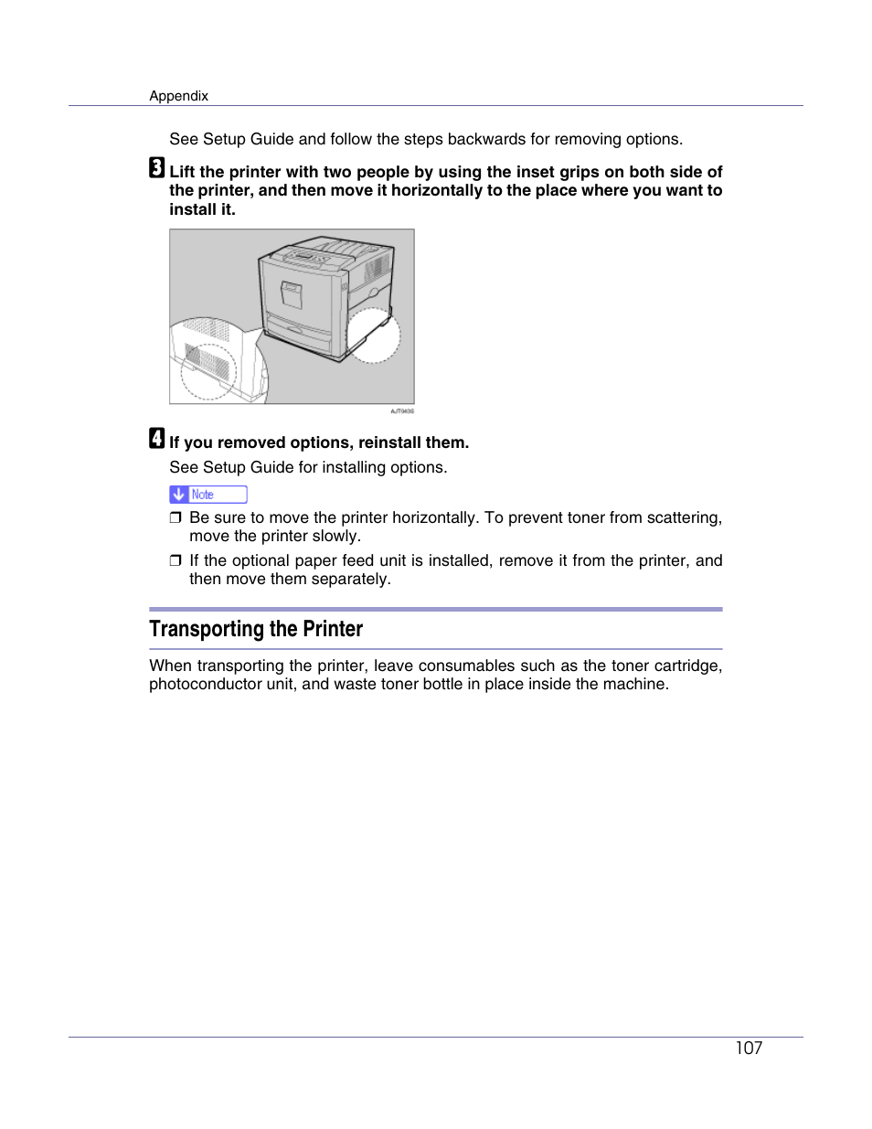 Transporting the printer | Lanier LP222cn User Manual | Page 527 / 536