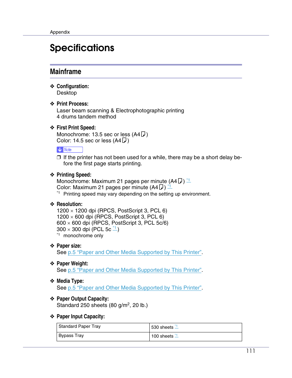 Specifications, Mainframe | Lanier LP222cn User Manual | Page 531 / 536