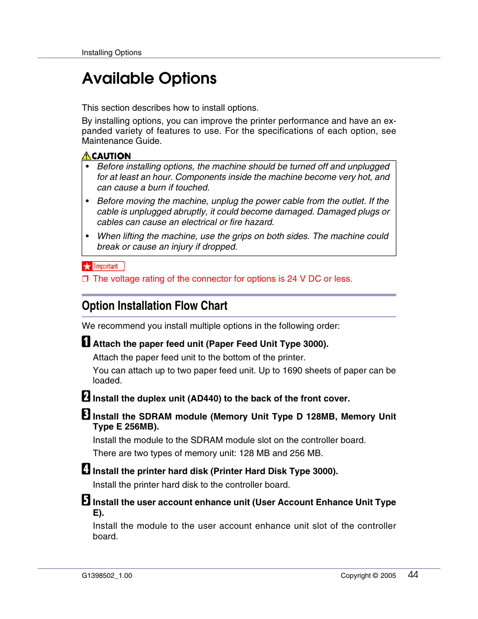 Installing options, Available options, Option installation flow chart | Lanier LP222cn User Manual | Page 56 / 536