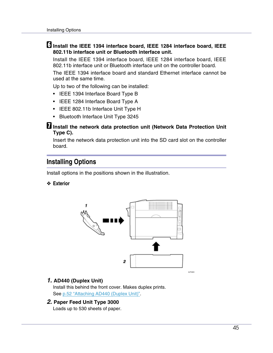 Installing options | Lanier LP222cn User Manual | Page 57 / 536