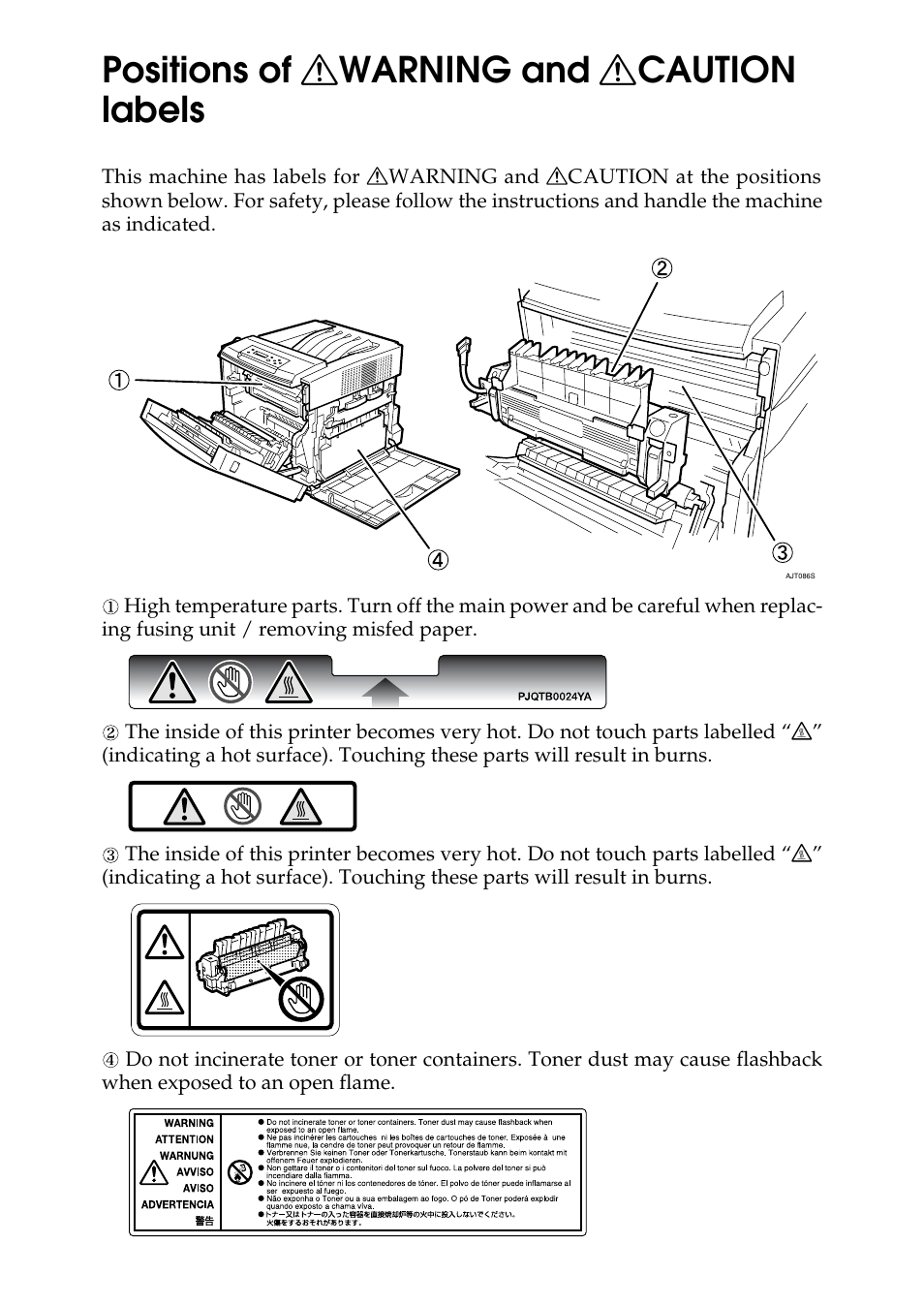 Positions of warning and caution labels, Positions of r warning and r caution labels | Lanier LP222cn User Manual | Page 6 / 536