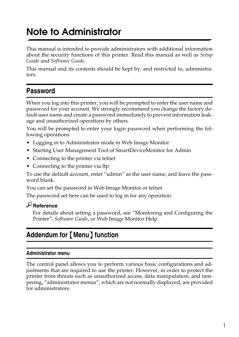 Note to administrator, Password, Addendum for {menu} function | Administrator menu, Addendum for { menu } function | Lanier LP222cn User Manual | Page 9 / 536