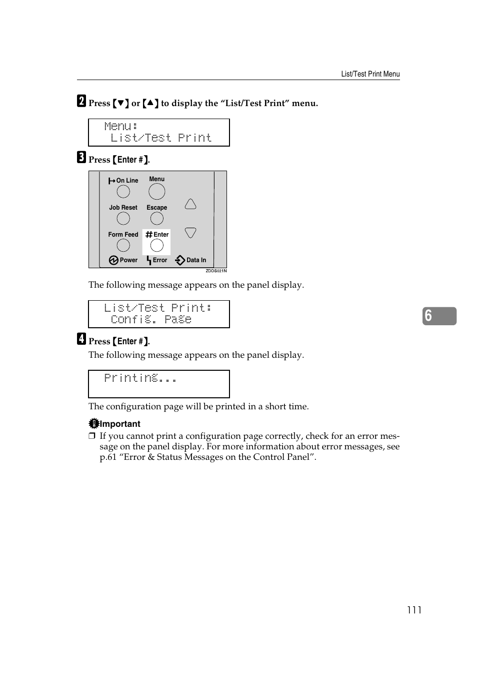 Menu: list/test print, List/test print: config. page printing | Lanier AP2610 User Manual | Page 119 / 182