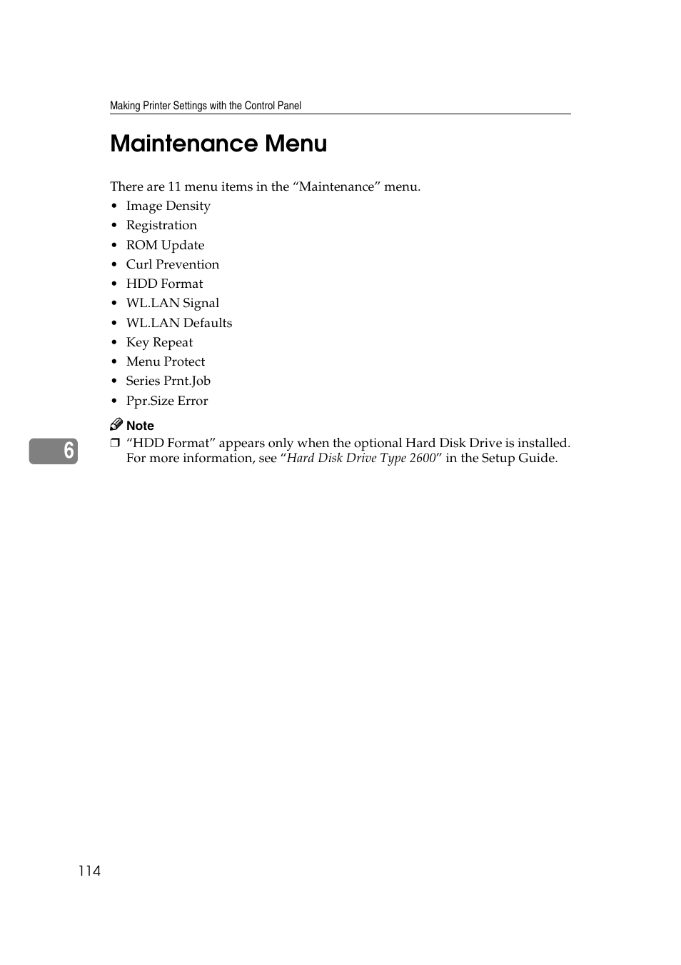 Maintenance menu, P.114, E p.114 “maintenance menu | 6maintenance menu | Lanier AP2610 User Manual | Page 122 / 182