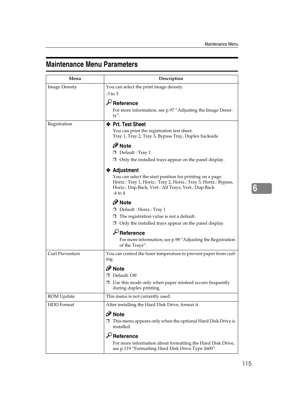 Maintenance menu parameters | Lanier AP2610 User Manual | Page 123 / 182