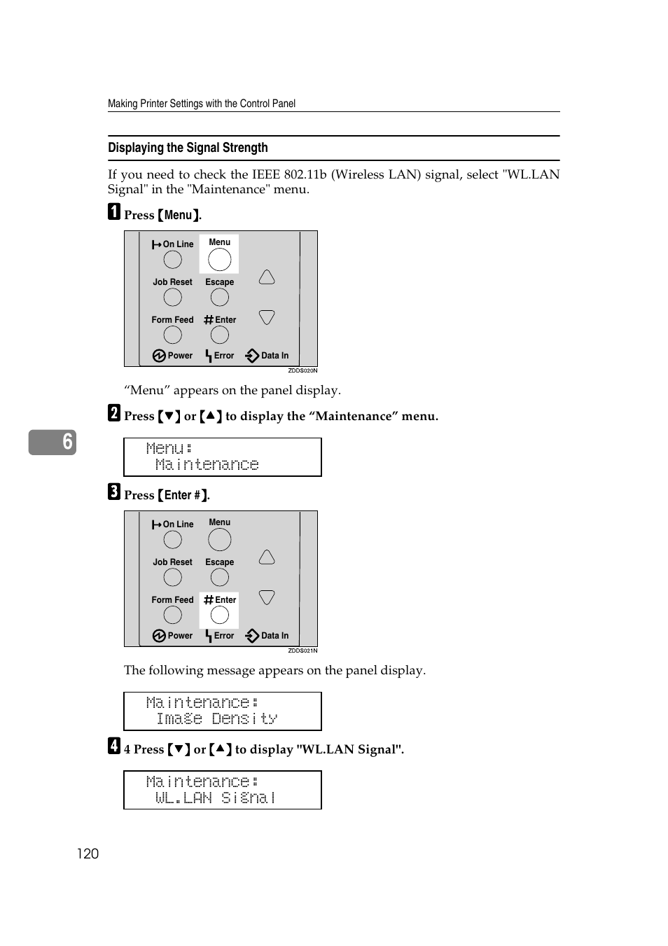 Displaying the signal strength, P.120 “displaying the signal strength, Menu: maintenance | Lanier AP2610 User Manual | Page 128 / 182