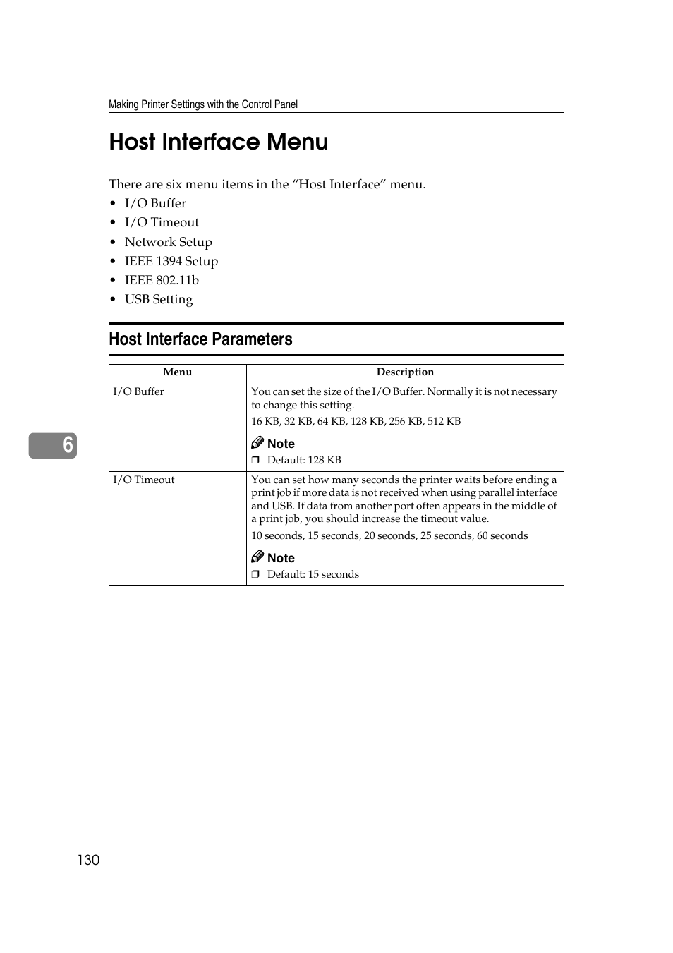 Host interface menu, Host interface parameters, P.130 | Ee p.130 “host interface menu, 6host interface menu | Lanier AP2610 User Manual | Page 138 / 182