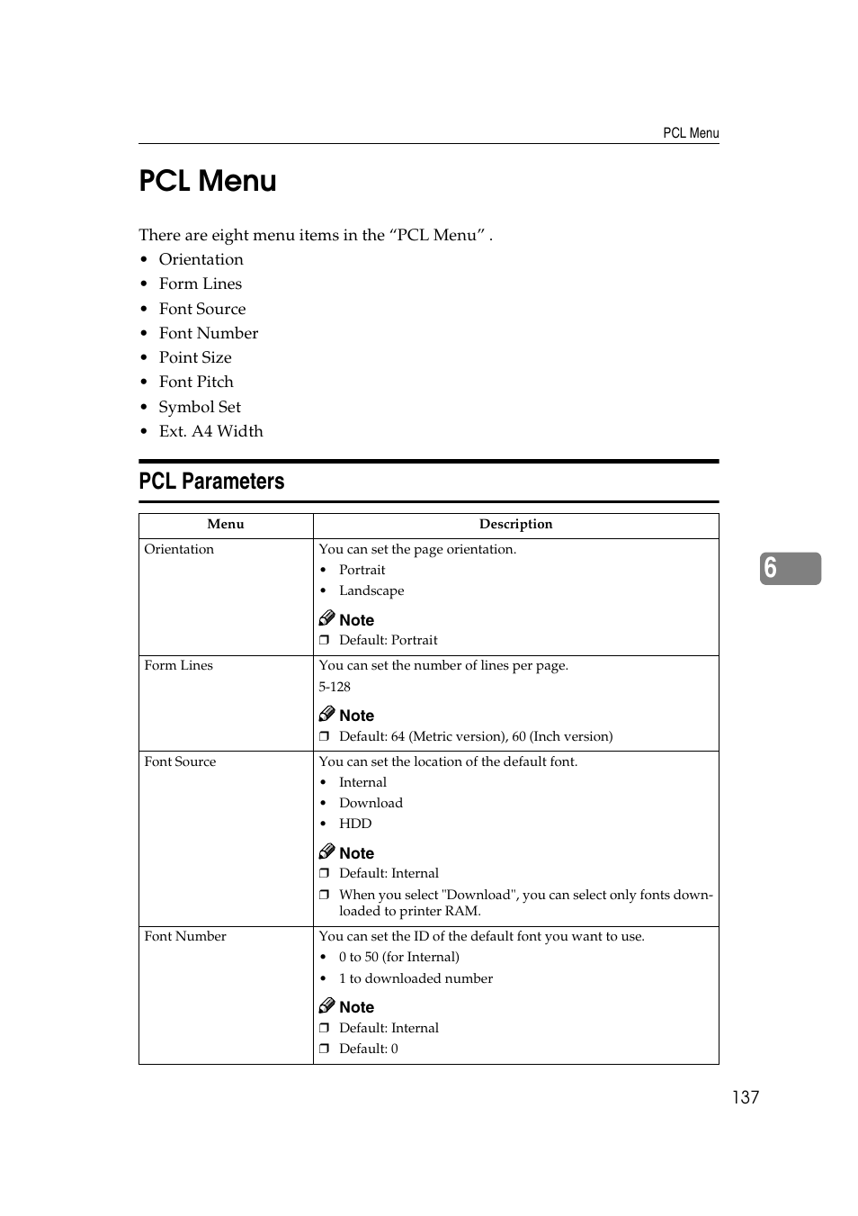 Pcl menu, Pcl parameters, Ee p.137 “pcl menu | P.137, E p.137 “pcl menu, 6pcl menu | Lanier AP2610 User Manual | Page 145 / 182
