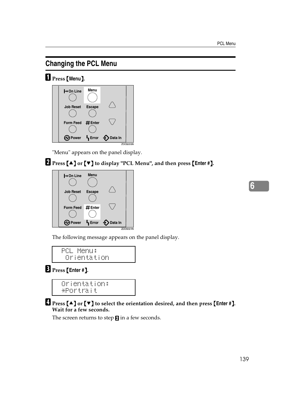 Changing the pcl menu, Pcl menu: orientation orientation: *portrait | Lanier AP2610 User Manual | Page 147 / 182