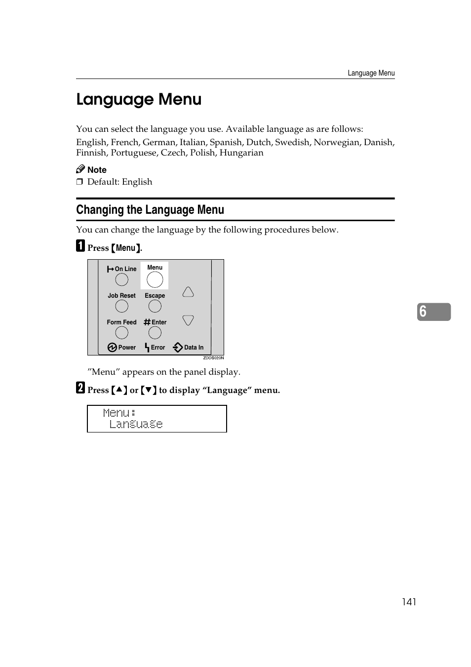 Language menu, Changing the language menu, P.141 | 6language menu, Menu: language | Lanier AP2610 User Manual | Page 149 / 182