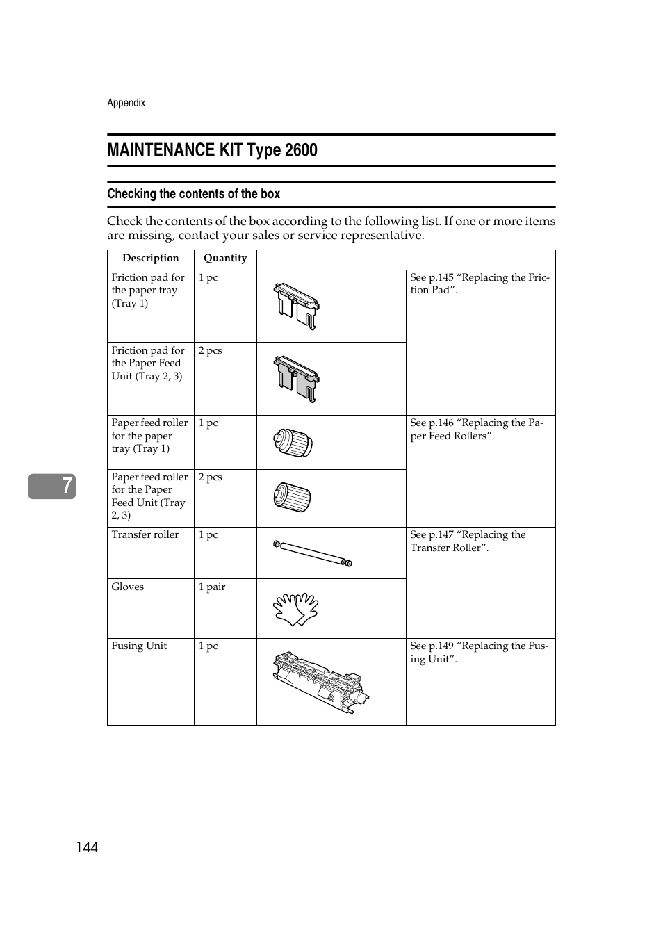 Maintenance kit type 2600, Checking the contents of the box | Lanier AP2610 User Manual | Page 152 / 182