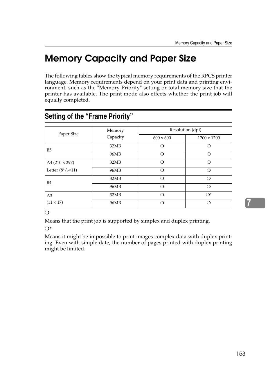 Memory capacity and paper size, Setting of the “frame priority | Lanier AP2610 User Manual | Page 161 / 182