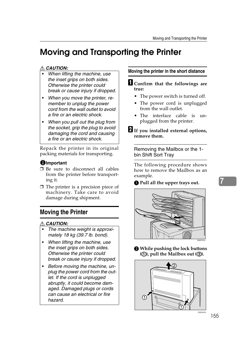 Moving and transporting the printer, Moving the printer, Moving the printer in the short distance | 7moving and transporting the printer | Lanier AP2610 User Manual | Page 163 / 182