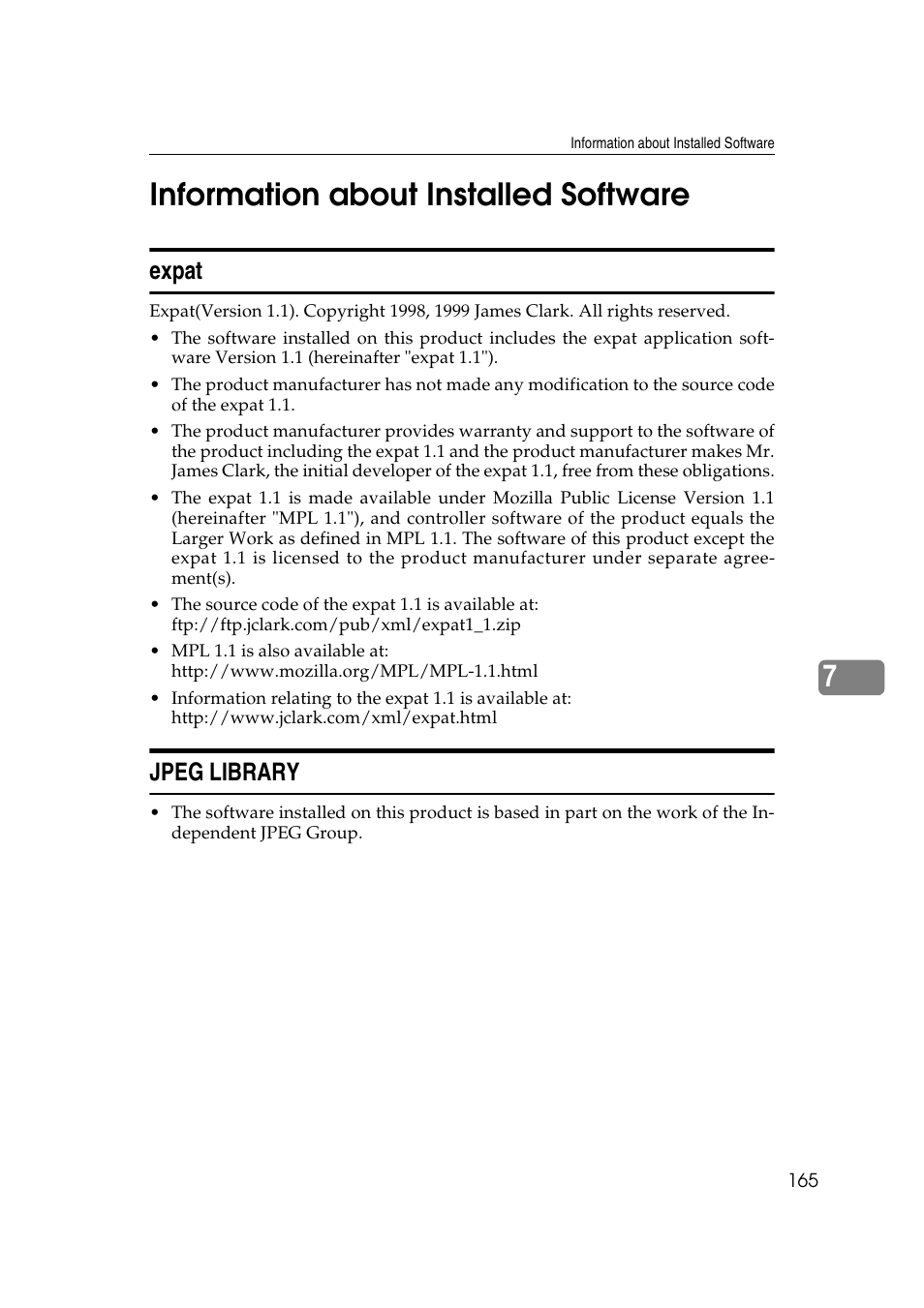 Information about installed software, Expat, Jpeg library | Expat jpeg library, 7information about installed software | Lanier AP2610 User Manual | Page 173 / 182