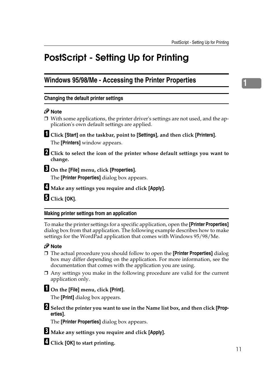Postscript - setting up for printing, Changing the default printer settings, Making printer settings from an application | 1postscript - setting up for printing | Lanier AP2610 User Manual | Page 19 / 182