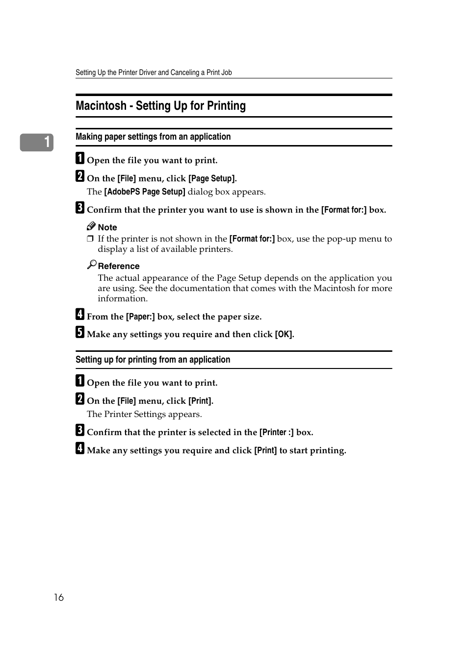 Macintosh - setting up for printing, Making paper settings from an application, Setting up for printing from an application | Lanier AP2610 User Manual | Page 24 / 182