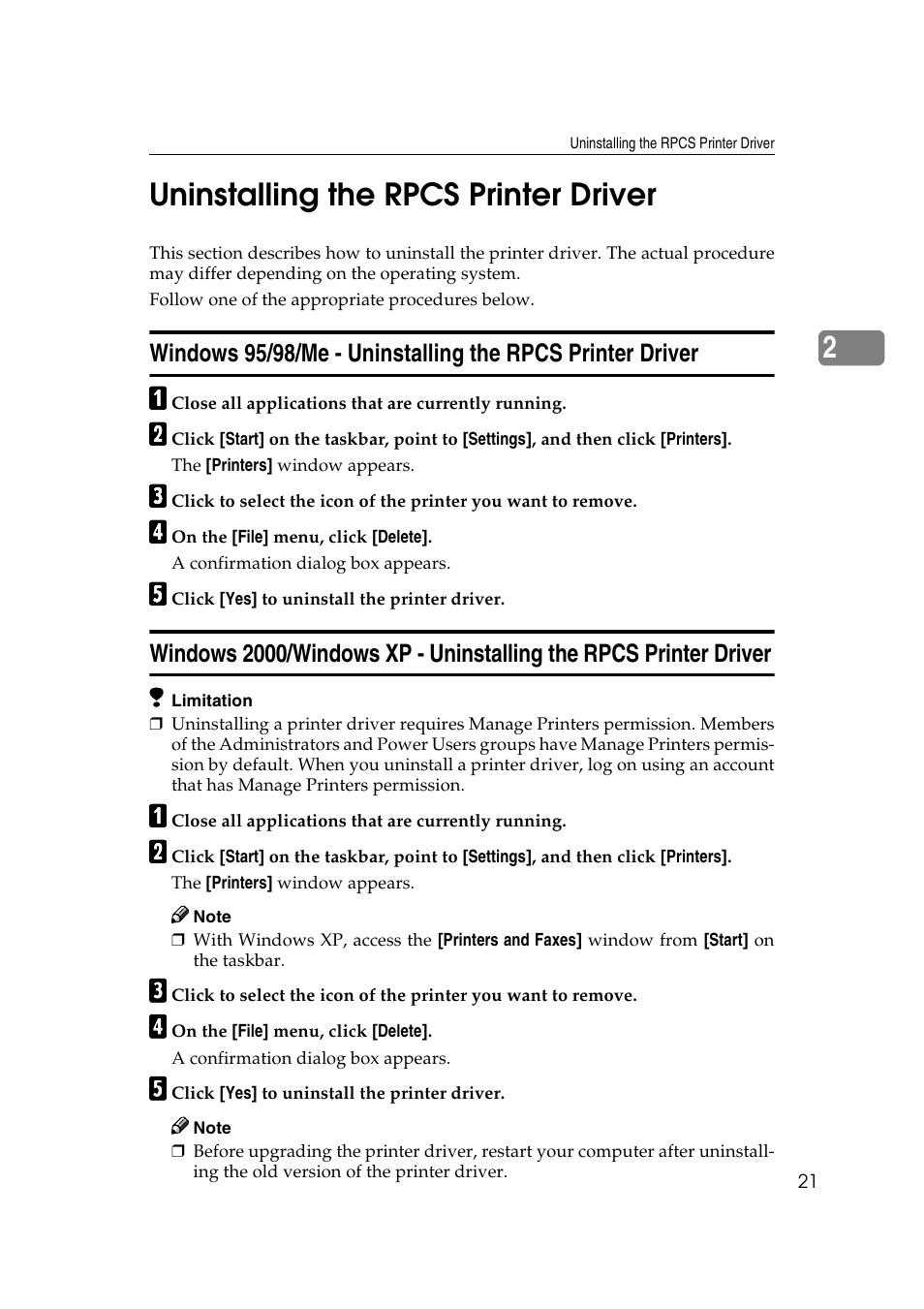 Uninstalling the rpcs printer driver, 2uninstalling the rpcs printer driver | Lanier AP2610 User Manual | Page 29 / 182