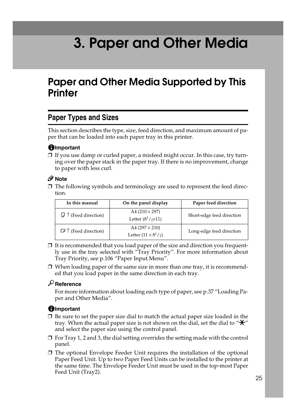  paper and other media, Paper and other media supported by this printer, Paper types and sizes | Paper and other media | Lanier AP2610 User Manual | Page 33 / 182