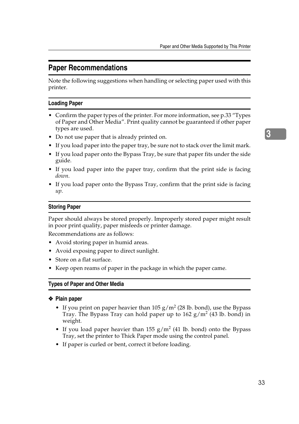 Paper recommendations, Loading paper, Storing paper | Types of paper and other media, Ee p.33 “types of paper and other media, P.33 “types of paper and other media | Lanier AP2610 User Manual | Page 41 / 182
