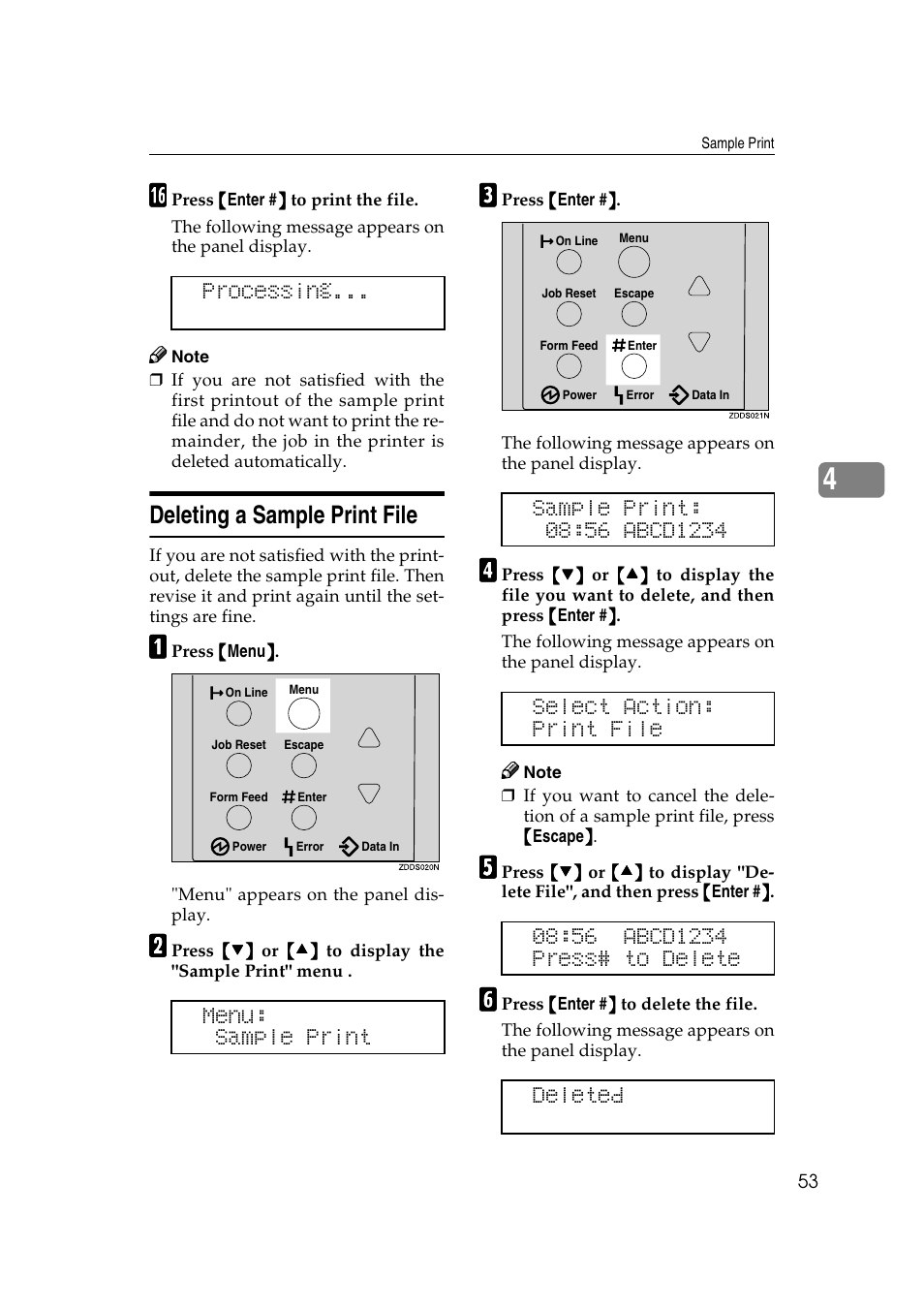Deleting a sample print file, Processing... menu: sample print | Lanier AP2610 User Manual | Page 61 / 182