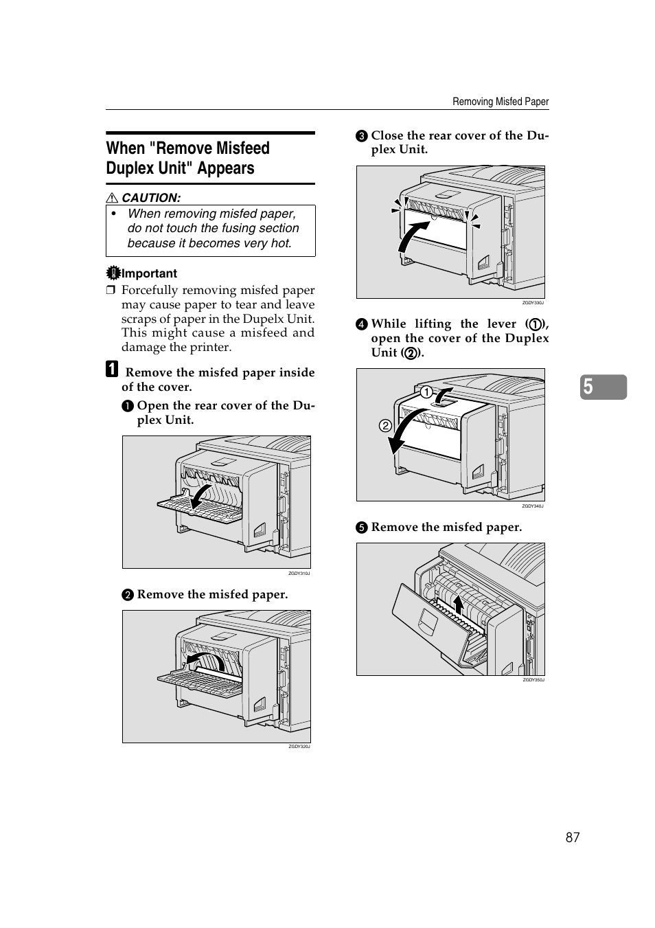 When "remove misfeed duplex unit" appears, P.87 “when "remove misfeed duplex unit" appears | Lanier AP2610 User Manual | Page 95 / 182