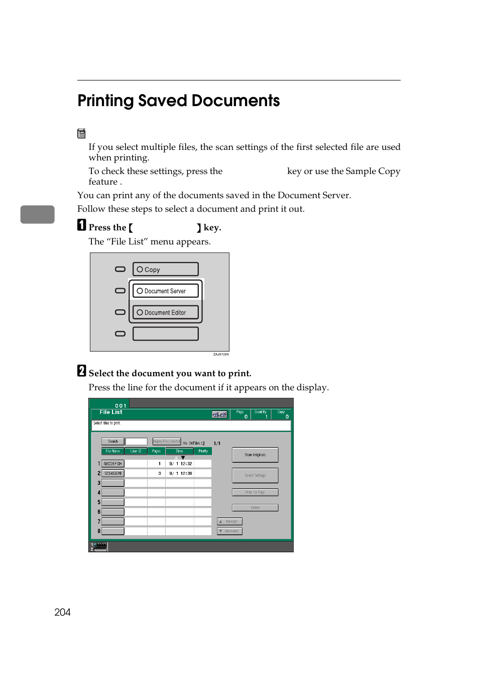 Printing saved documents, P.204 “printing saved documents, 3printing saved documents | Lanier 5484 User Manual | Page 218 / 368