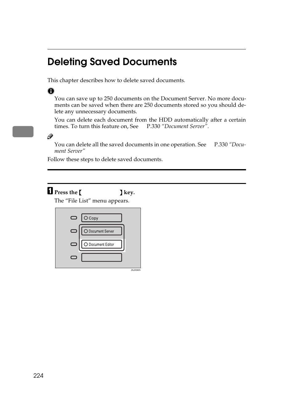 Deleting saved documents, Deleting saved documents in hdd, P.224 “deleting saved documents | 3deleting saved documents | Lanier 5484 User Manual | Page 238 / 368