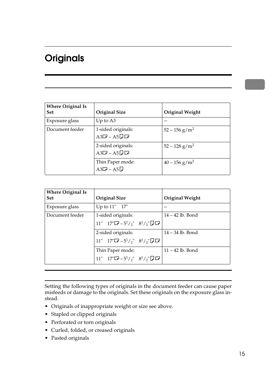 Originals, Sizes and weights of recommended originals, Non-recommended originals for the document feeder | 1originals | Lanier 5484 User Manual | Page 29 / 368